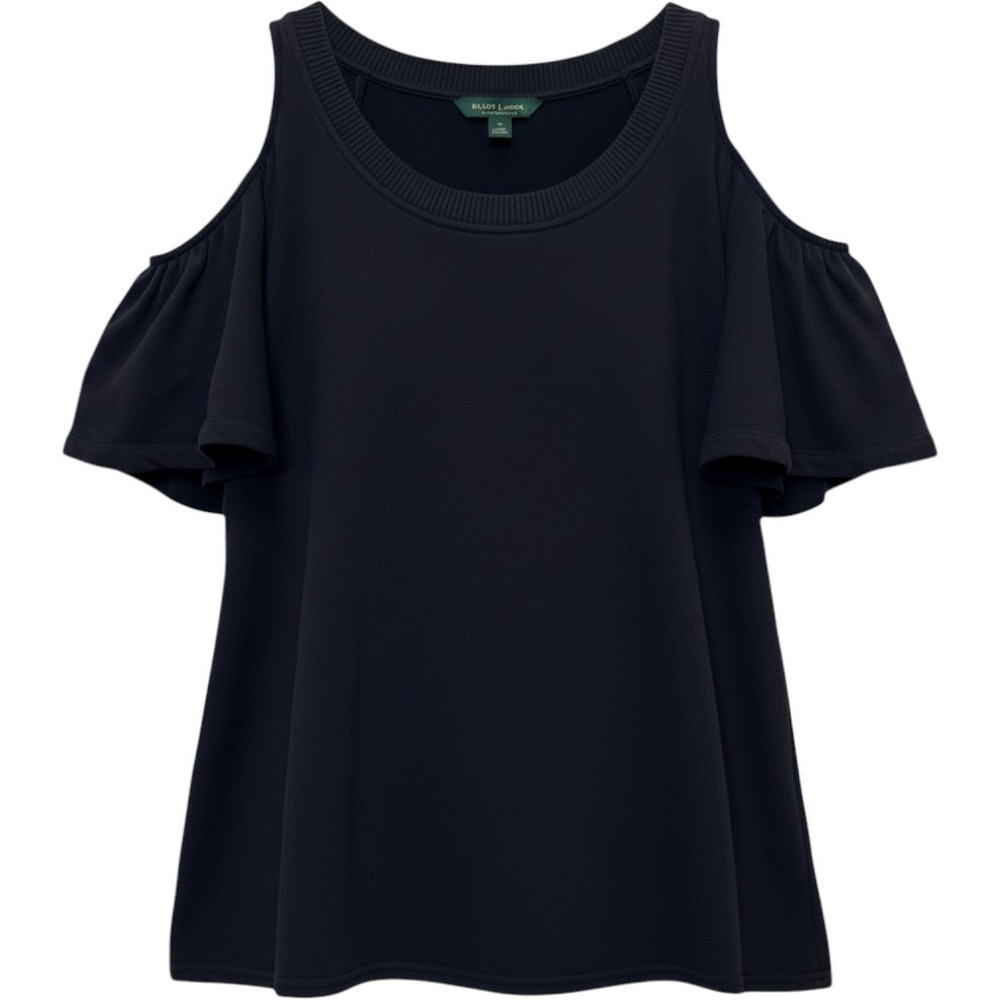 Lauren Ralph Lauren Womens Top XL Black Cold Shoulder Flutter Sleeve Minimalist